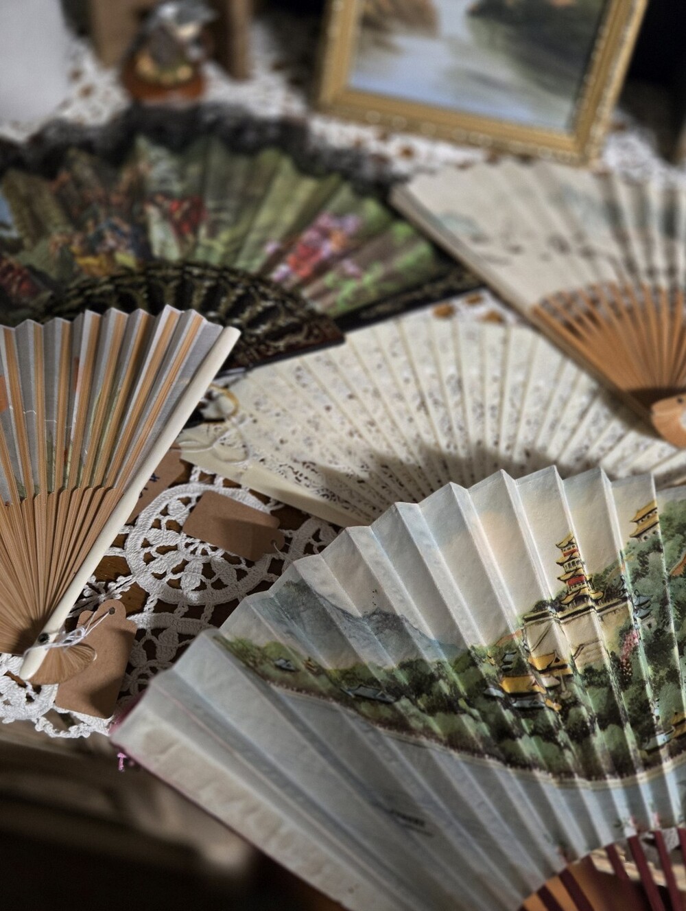Lot of 5 Decorative Folding Hand Fans – Floral, Scenic & Lace